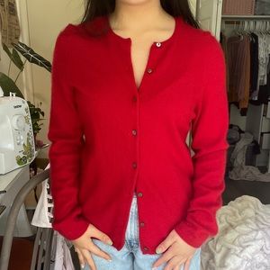 red cashmere button up sweater